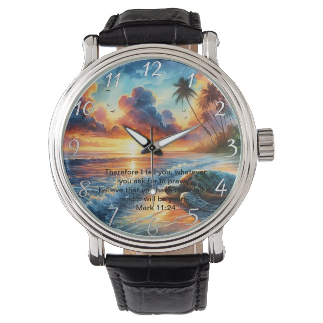 Markus 11:24 Trogen solnedgångskorsreflektion Armbandsur (Framsida)
