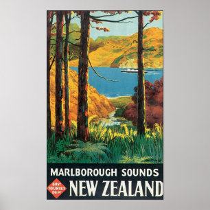 Marlborough Ljud, New Zealand Travel Poster
