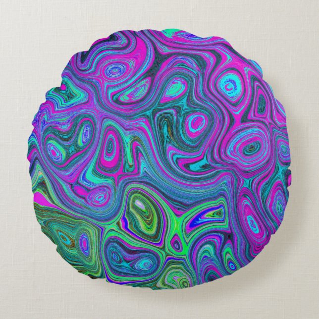 MarLED Magenta och Lime Green Groovy Abstrakt Art Rund Kudde (Framsidan)