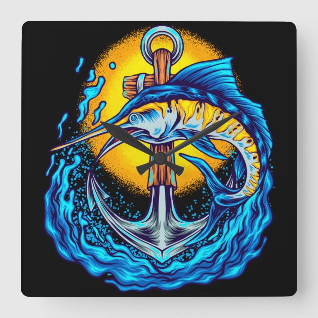 Marlin Fish with Anchor Fyrkantig Klocka (Framsida)