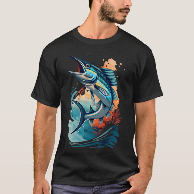Marlin som hoppar över havsvågor t shirt (Framsida)