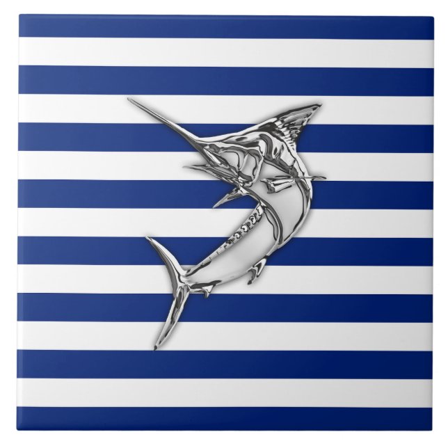 Marlin Swordfish Chrome Stil på Nautical Rand Kakelplatta (Framsidan)
