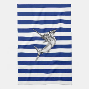 Marlin Swordfish Chrome Stil på Nautical Rand Kökshandduk