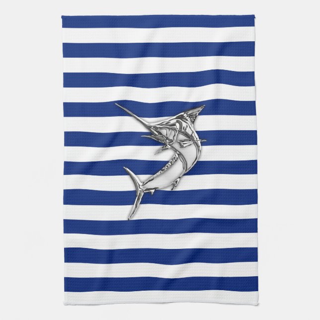 Marlin Swordfish Chrome Stil på Nautical Rand Kökshandduk (Vertikal)