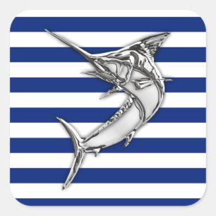 Marlin Swordfish på Nautical Blue Rand Fyrkantigt Klistermärke