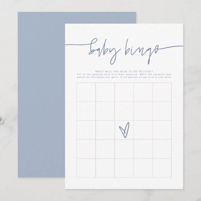 MARLO Boho Dusty Blue Baby Shower Bingo Game Card Inbjudningar (Fram/baksida)