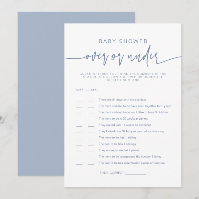 MARLO Boho Dusty Blue over under Baby Shower Game Inbjudningar (Fram/baksida)