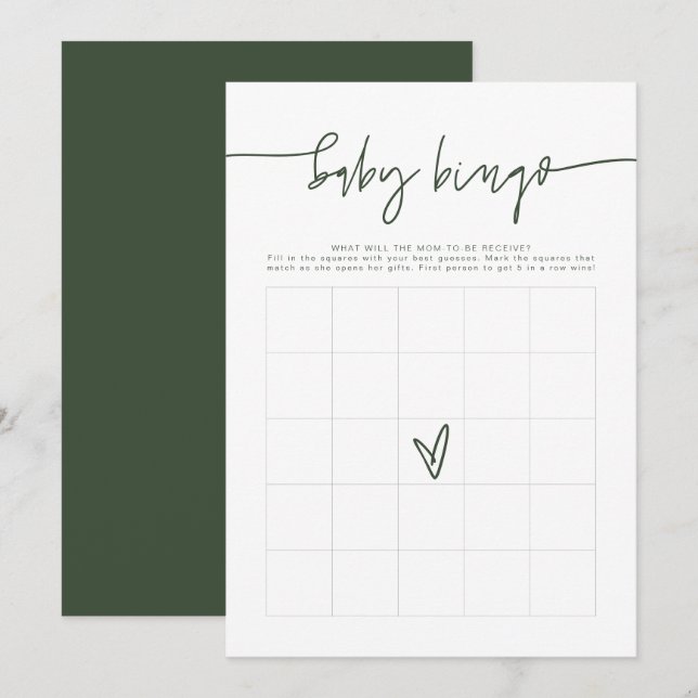 MARLO Boho Forest Grönt Baby Shower Bingo Game Inbjudningar (Fram/baksida)