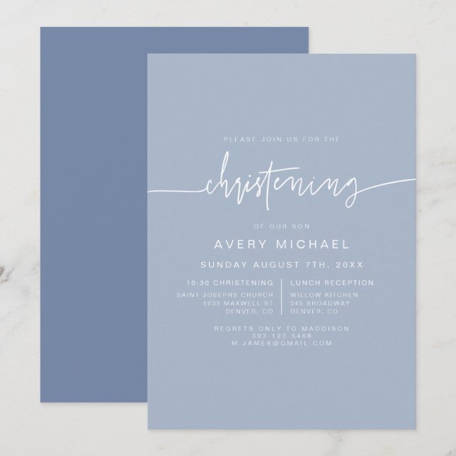 MARLO Modern Boho Dusty Blue Boy Christening Inbjudningar (Fram/baksida)