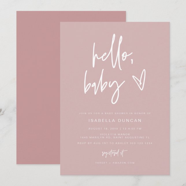MARLO Modern  Dusty Ro Girl Baby Shower Inbjudningar (Fram/baksida)