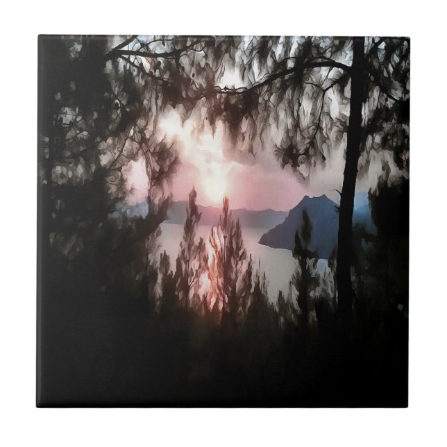 Marmaris Sunset Framad av Handflatan Träd Landskap Kakelplatta (Framsidan)