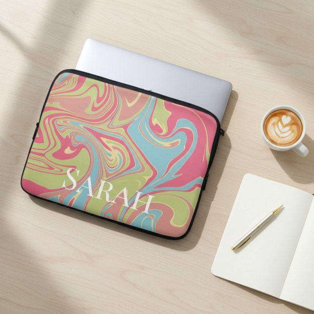 Marmerstil Anpassat Namn Rosa och Grönt Laptop Fodral (Skapare uppladdad)