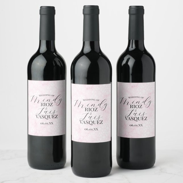Marmor Abstrakt Rosa Bröllop Skrift Svart Vinflaska Etikett (Flaskor)