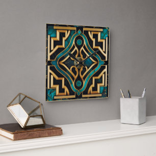 Marmor Art Deco Grekisk Grön Guld Mandala Lyx Fyrkantig Klocka