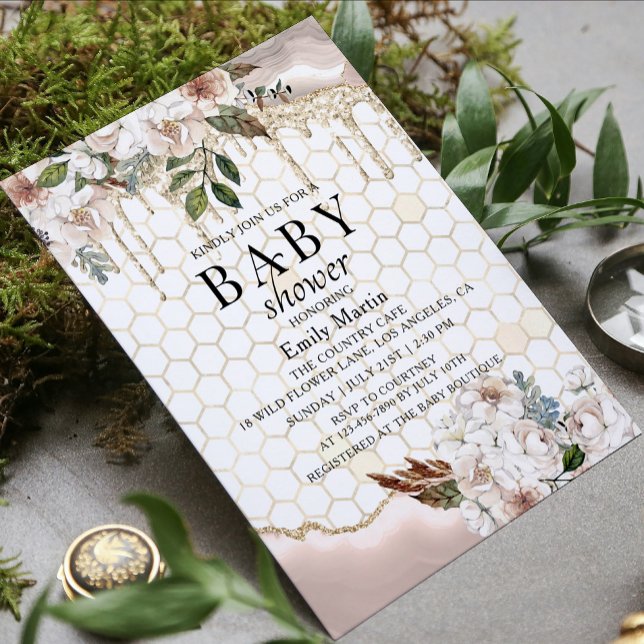 Marmor Blommig Glitter Dropp Baby Shower Inbjudningar (Skapare uppladdad)