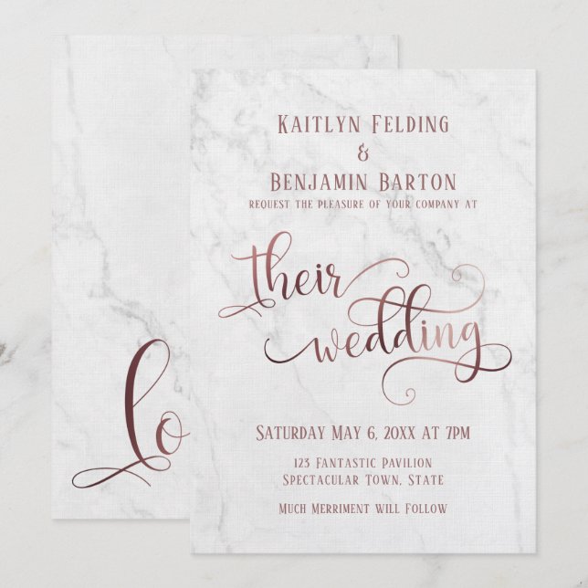 Marmor, Elegant Rosa Guld Typografi Deras Bröllop Inbjudningar (Fram/baksida)