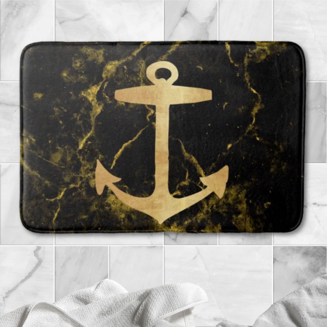 Marmor för svartmarmor, chic guld badrumsmatta (beach minimalist chic gold anchor black marble bath mat)