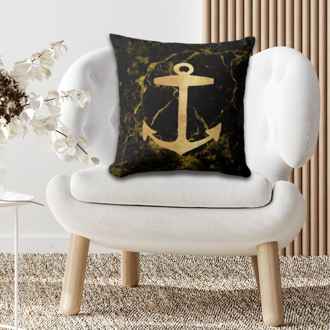 Marmor för svartmarmor, chic guld kudde (beach minimalist chic gold anchor black marble throw pillow)