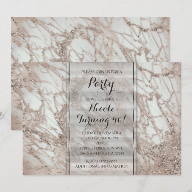 Marmor Glam Rose Pink Guld Silver Party Inbjudan (Fram/baksida)