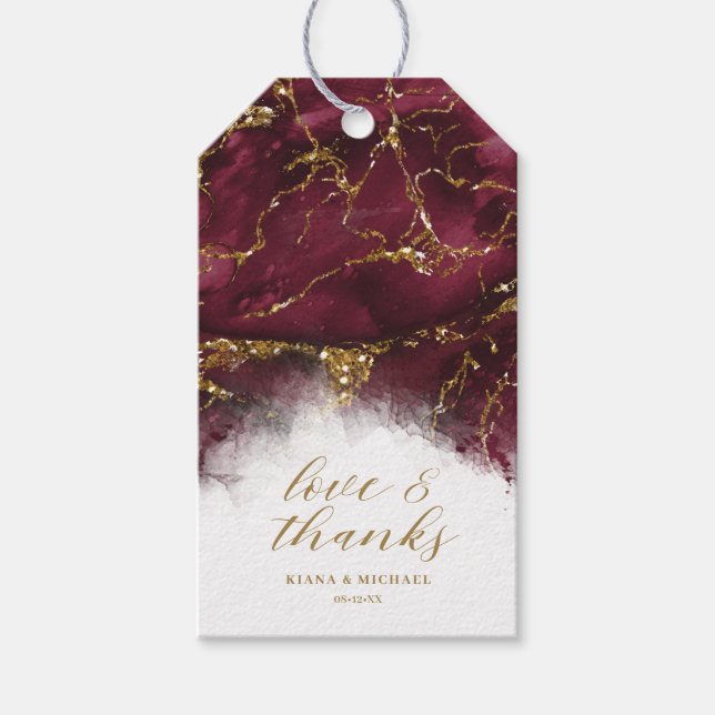 Marmor Glitter Bröllop Tack Burgundy Guld ID644 Presentetikett (Framsidan)