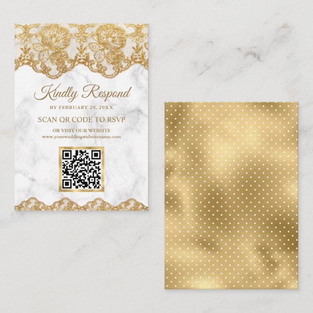 Marmor Guld Folie Spets QR-kod RSVP Bröllopswebbpl Tilläggskort (Fram/baksida)