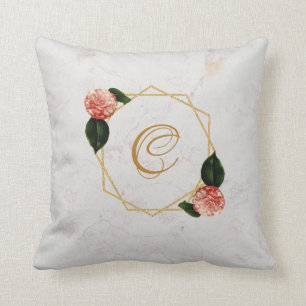 Marmor Monogram Guld Rosa Kamelia Blommönster Geom Kudde