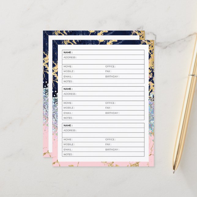 Marmor och glitter adressbokssida (Fram/Back In Situ)