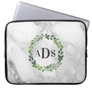 Marmor- och vattenfärgsbladmonogram laptop fodral