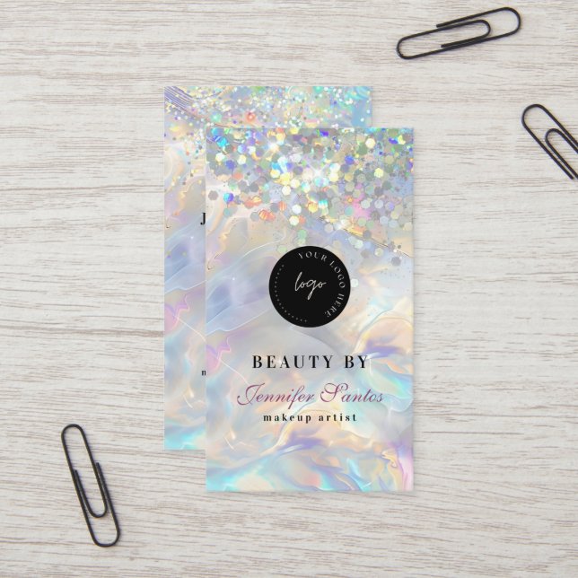 Marmor Opal Holografisk Glitter QR-kod Visitkort (Fram/Back In Situ)