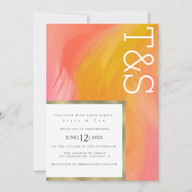 Marmor Orange Rosa Guld Typografi Bröllop Inbjudningar (Framsida)