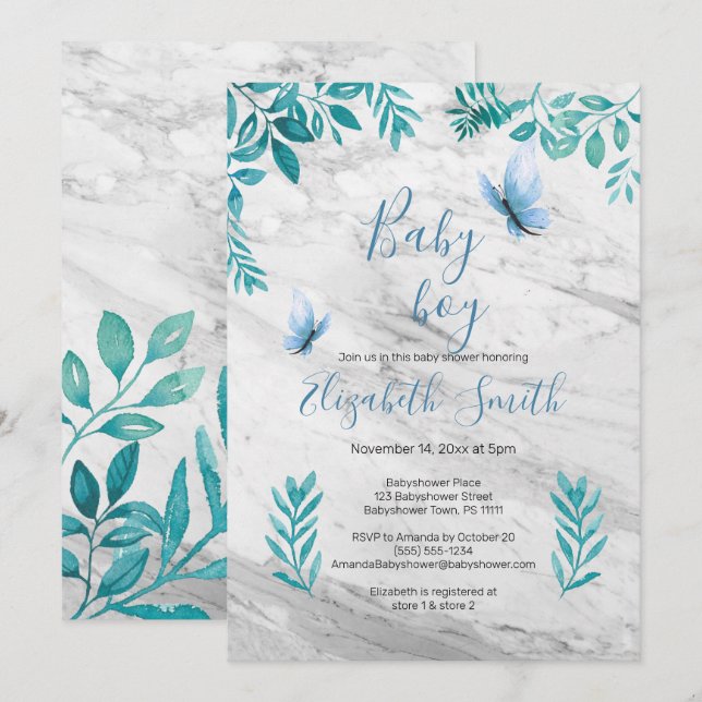 Marmor, söt blommigt, blåblå fjäril inbjudningar (Fram/baksida)