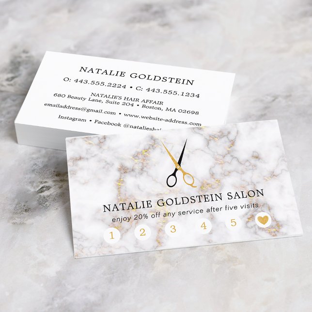 Marmor Svart och Guld Sax Salong Lojalitetskort Visitkort (Marble Black and Gold Scissors Salon Loyalty Card)