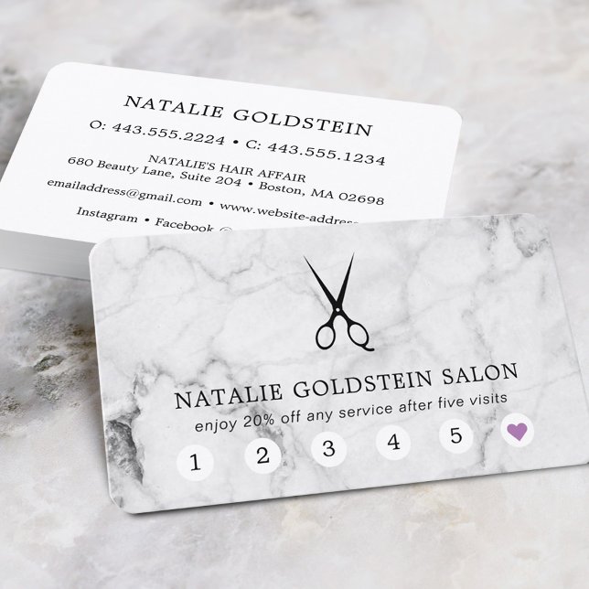 Marmor Svart & Vit Sax Salong Lojalitetskort Visitkort (Marble Black & White Scissors Salon Loyalty Card)
