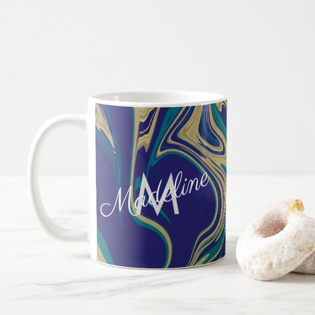 Marmor Vätska Falskt Guld Blå Grönaktig Monogram Kaffemugg (Med munk)