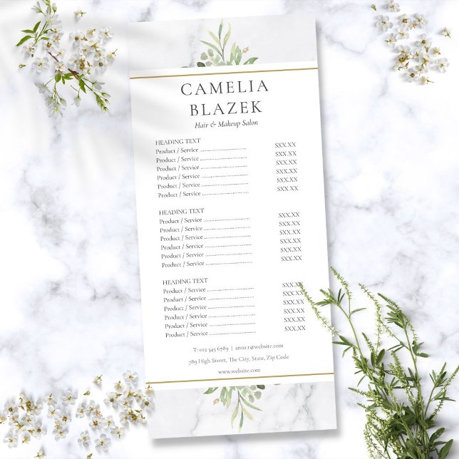 Marmor vattenfärg Grönska Salong Service Meny (Marble Watercolor Greenery Salon Service Menu)