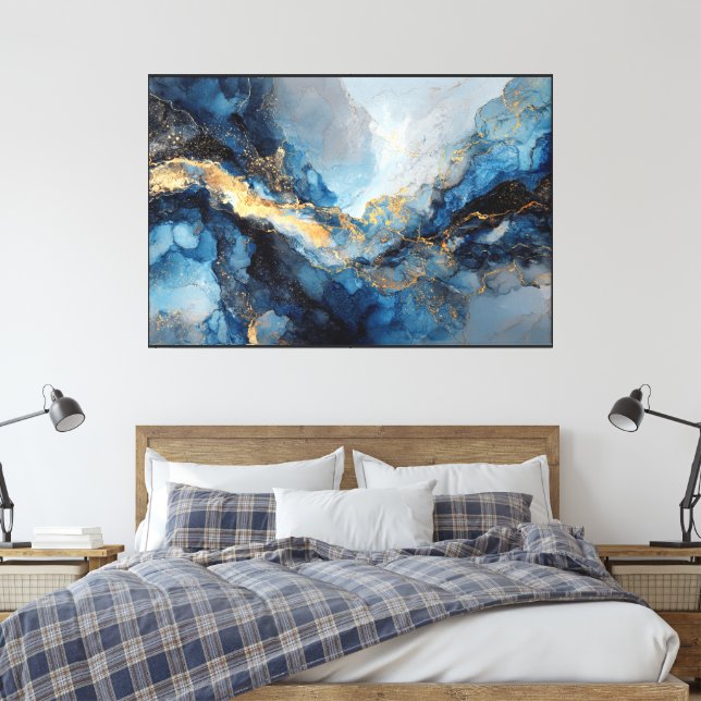 Marmorerad blå och guldåder abstrakt canvas (Insitu (sovrum))