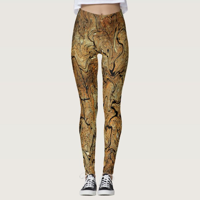 "Marmorerad" guld- & bruntdamasker Leggings (Framsida)