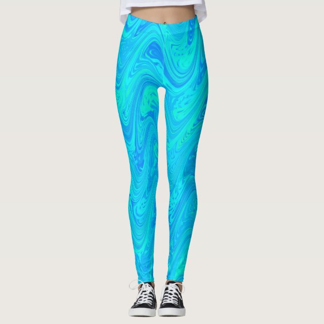 Marmorering Blå Grön Mönster Leggings (Framsida)