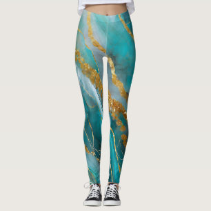Marmoriserad Teal Guld Elegant Leggings