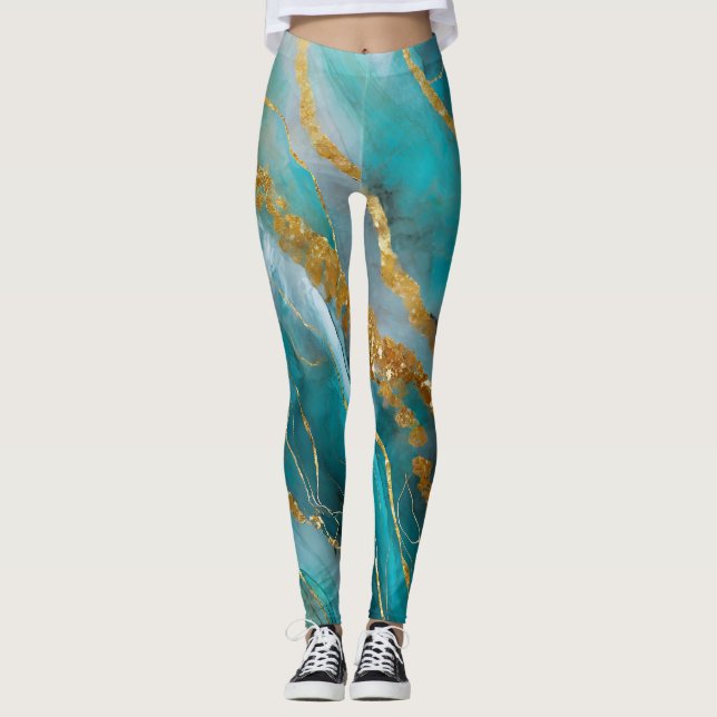 Marmoriserad Teal Guld Elegant  Leggings (Framsida)