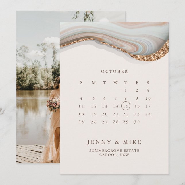 Marmorkalender Spara datum inbjudan (Fram/baksida)