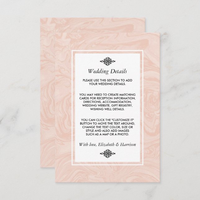 Marmorrosa Elegant Vintage Bröllopsdetalj Tilläggskort (Fram/baksida)