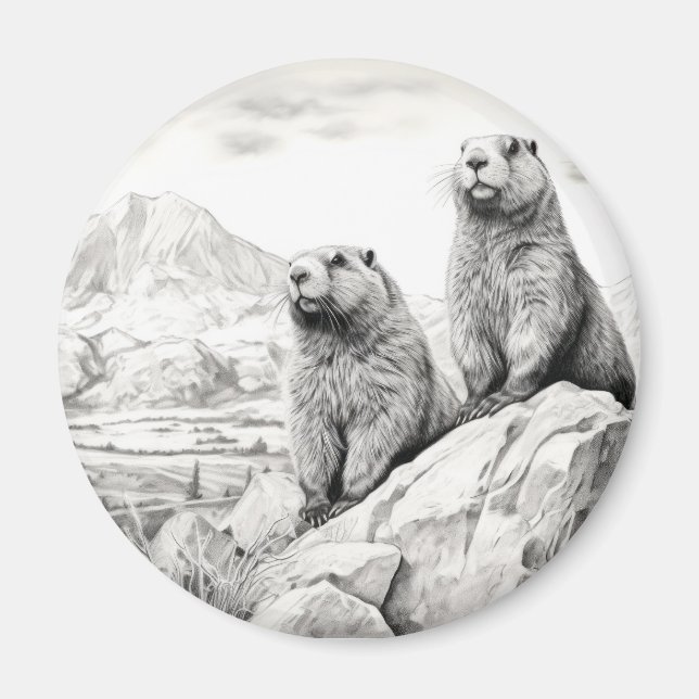 Marmot Animal Discovery Vild Nature Bläck Sketch A Magnet (Framsidan)