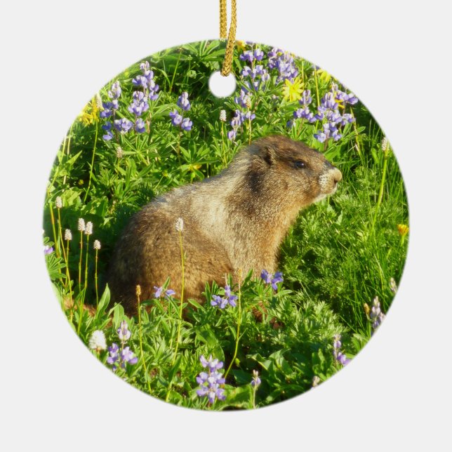 Marmot på Mount Rainier Wildblommor Julgransprydnad Keramik (Framsidan)