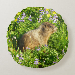 Marmot på Mount Rainier Wildblommor Rund Kudde