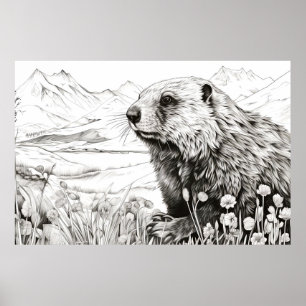 Marmot PeacFörsiktig Nature Prairie Sketch Tecknin Poster