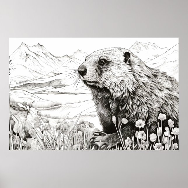 Marmot PeacFörsiktig Nature Prairie Sketch Tecknin Poster (Framsidan)