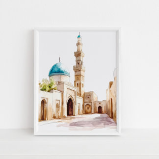 Maroccan Blue Dome and Minaret Watercolor Wall Art Poster