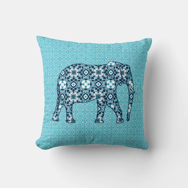 Maroccan Tile Elephant, Cobalt, Navy & Light Blue Kudde (Framsida)