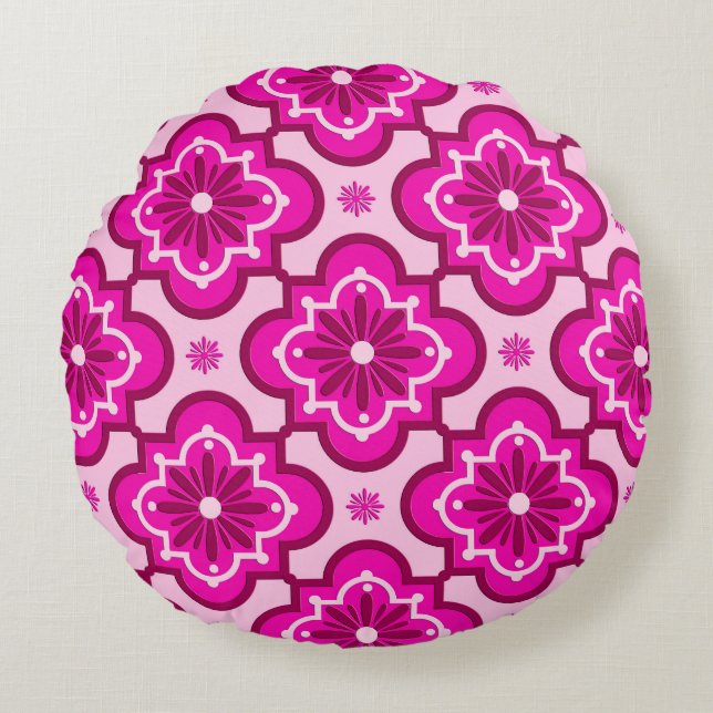 Marockans kakel mönster - Fuchsia Rosa Rund Kudde (Framsidan)